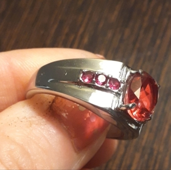 Men's Salmon Quartz & Ruby CZ Stainless Steel Ring - Picture 9 of 14